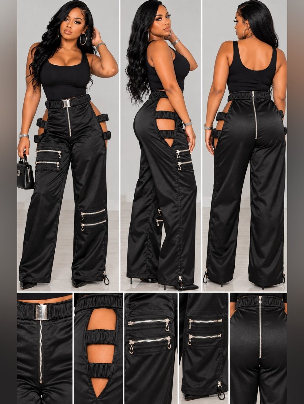 Black Wide-Leg Cutout Utility Pants with Silver Hardware
